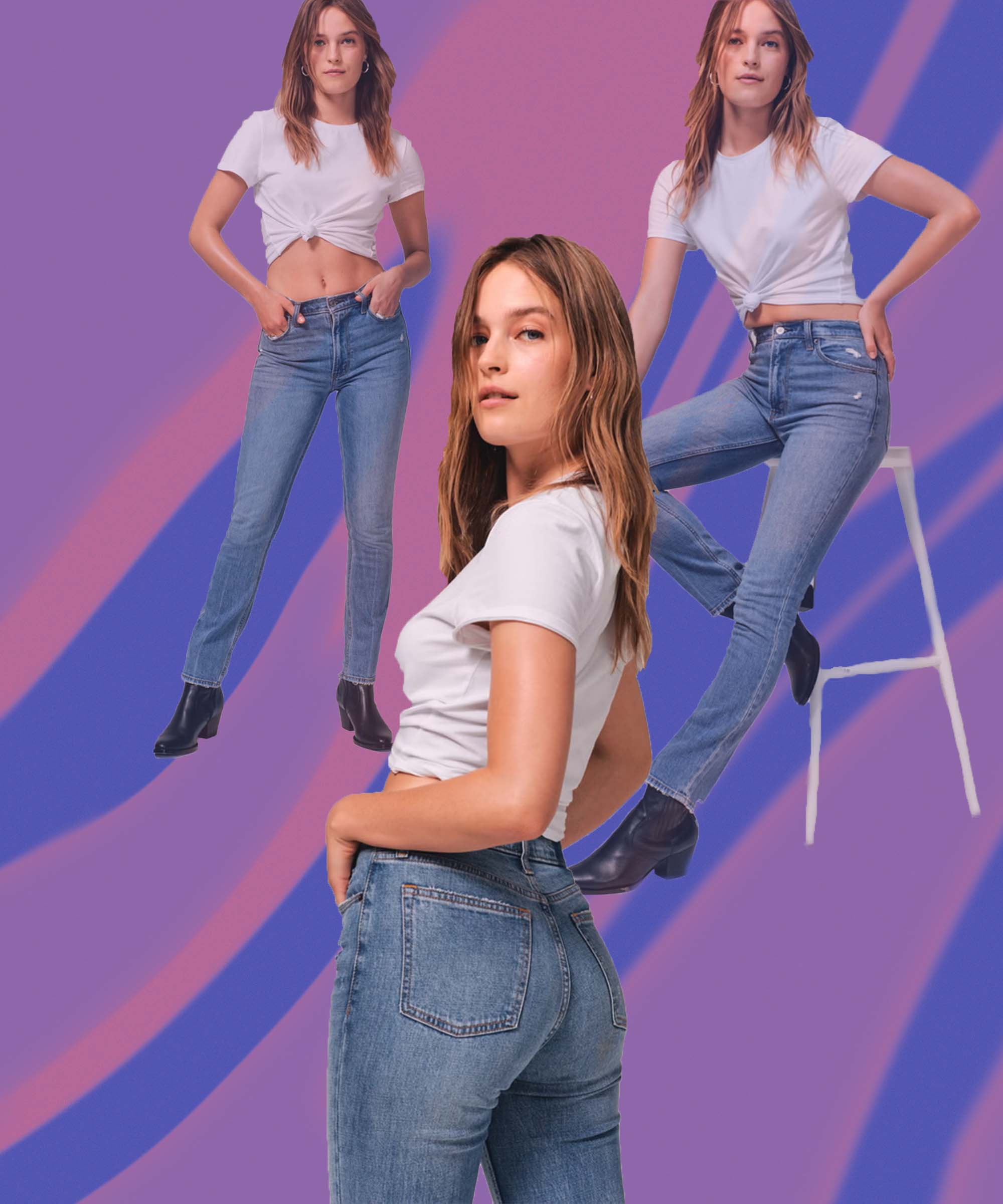 Yound sexy lady in crop top and mom jeans isolated on the white