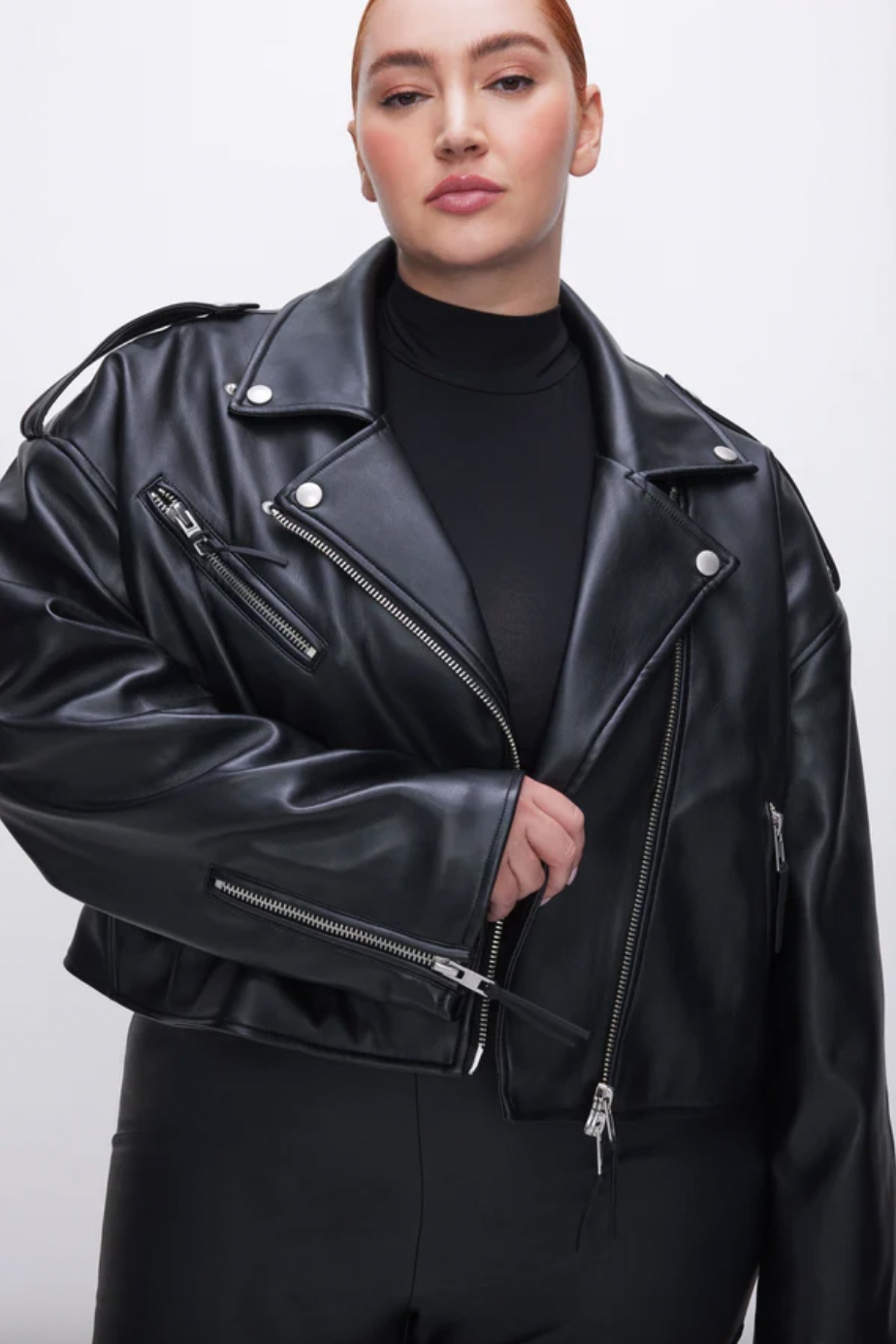 Good American + Cropped Faux Leather Moto Jacket