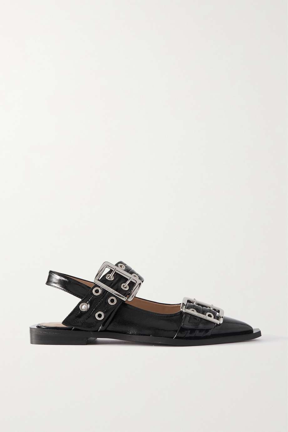 Ganni + Buckled Eyelet-Embellished Recycled Faux Patent-Leather Ballet ...
