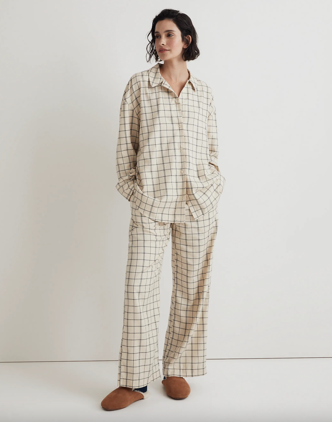 Casual Printed Pajama Set, Comfy Solid Short Sleeve Crew Neck Top & Plaid  Bow Long Pants, Women's Sleepwear & Loungewear