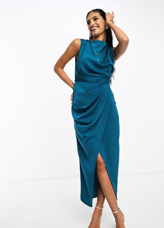 ASOS DESIGN + Satin Drape Midi Dress With Wrap Skirt In Teal