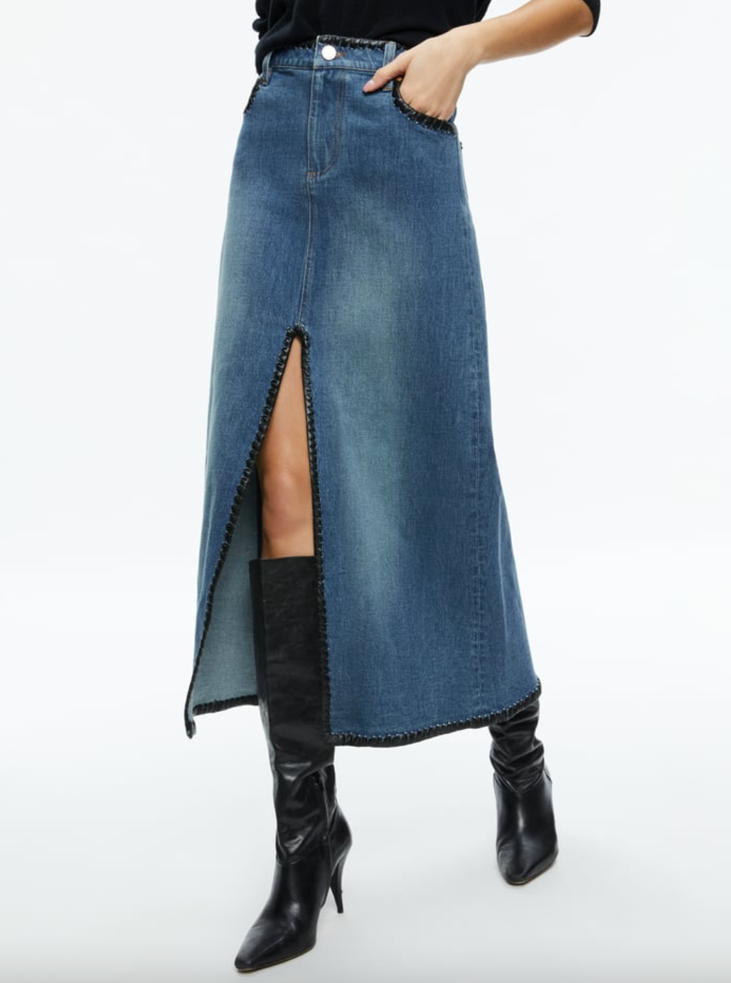 Alice + Olivia + Rye Denim Maxi Skirt With Vegan Leather