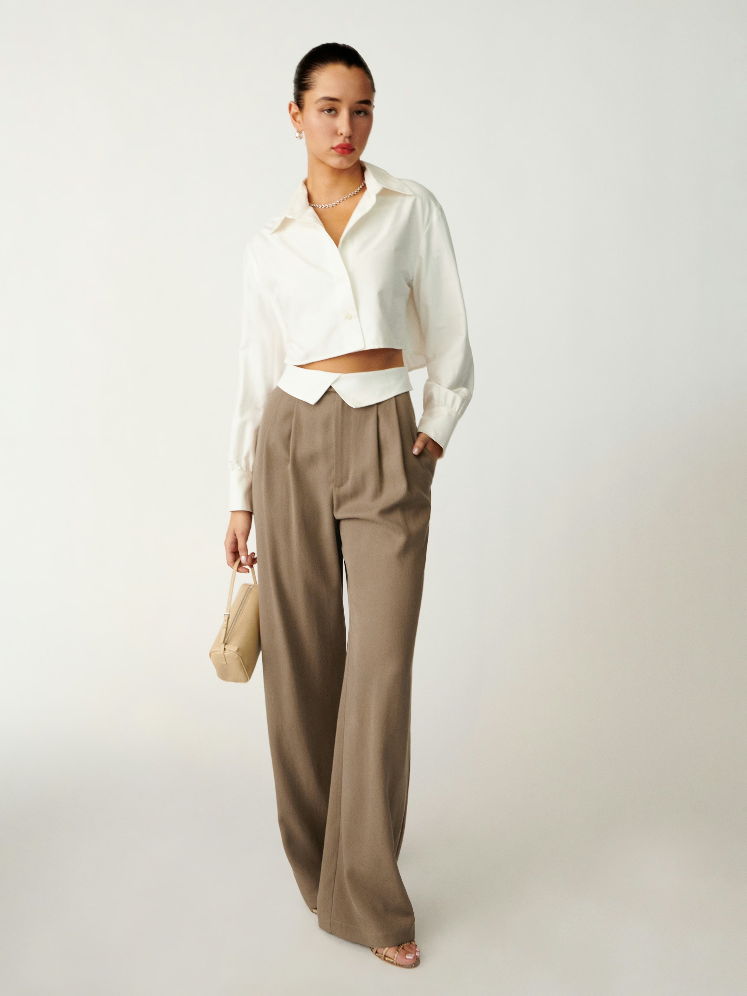 Topshop Petite + Faux leather straight trousers in brown