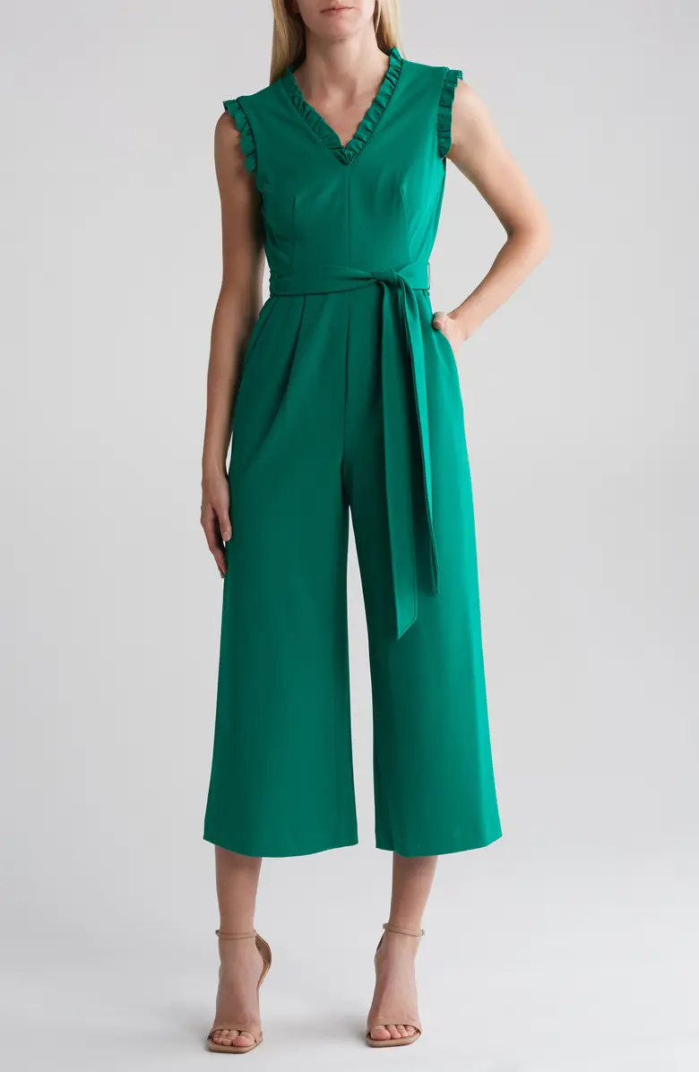 Calvin Klein + Ruffle V-Neck Sleeveless Crop Jumpsuit