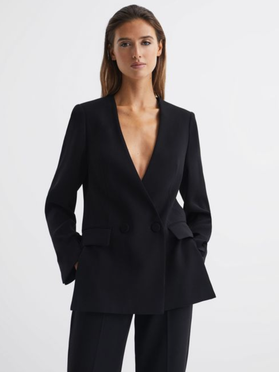 Reiss + Margeaux Collarless Double Breasted Suit Blazer