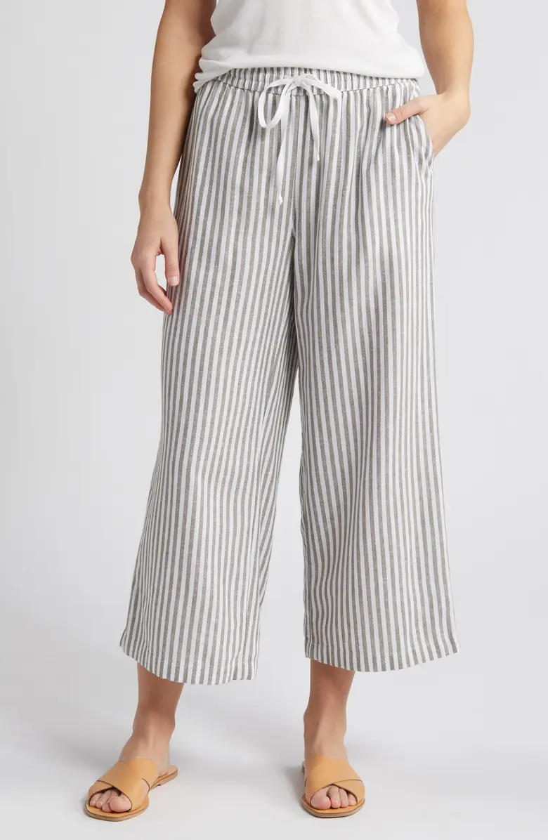 Calson + Stripe Drawstring Wide Leg Linen Blend Pants