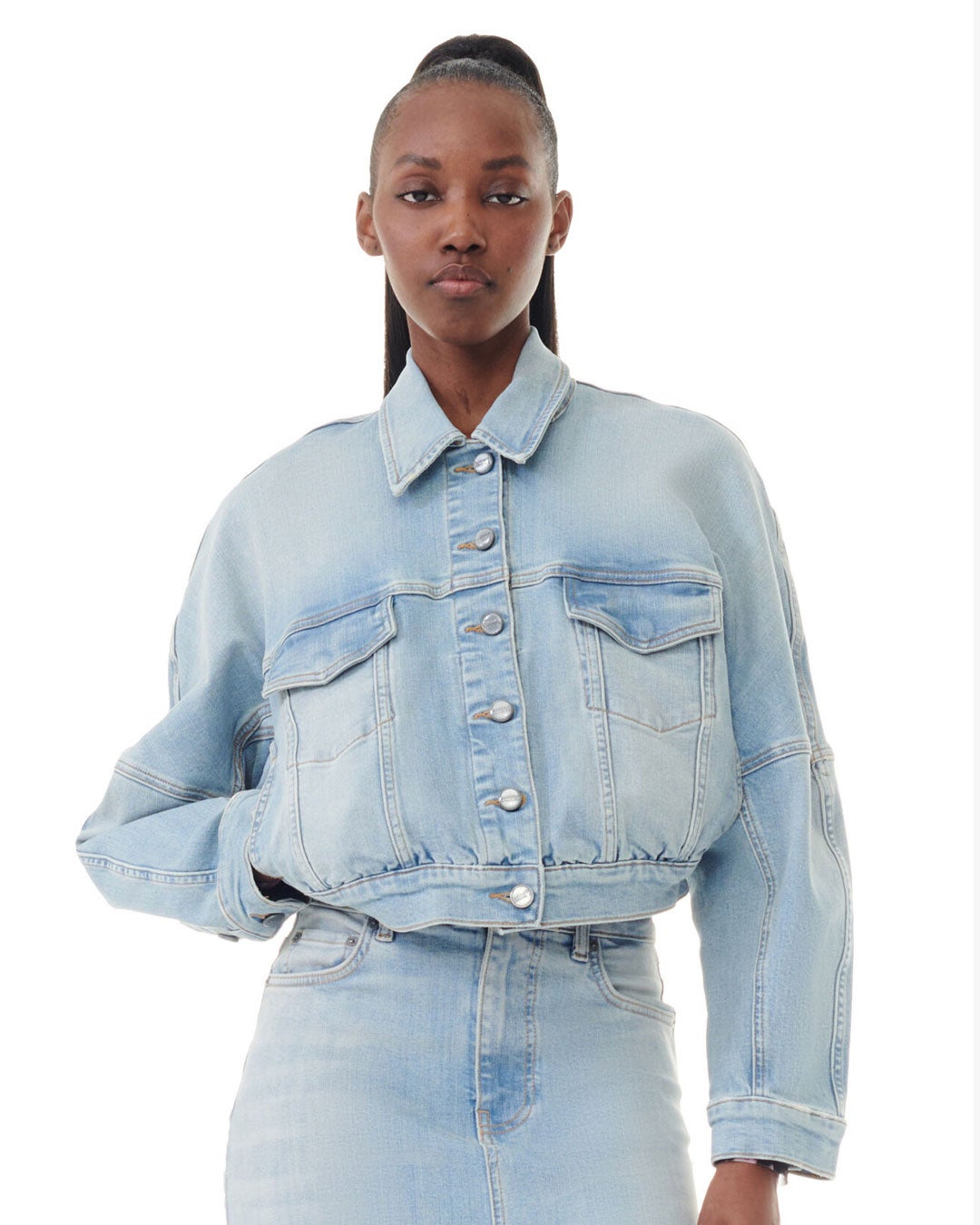 Ganni + Light Blue Denim Bomber Jacket