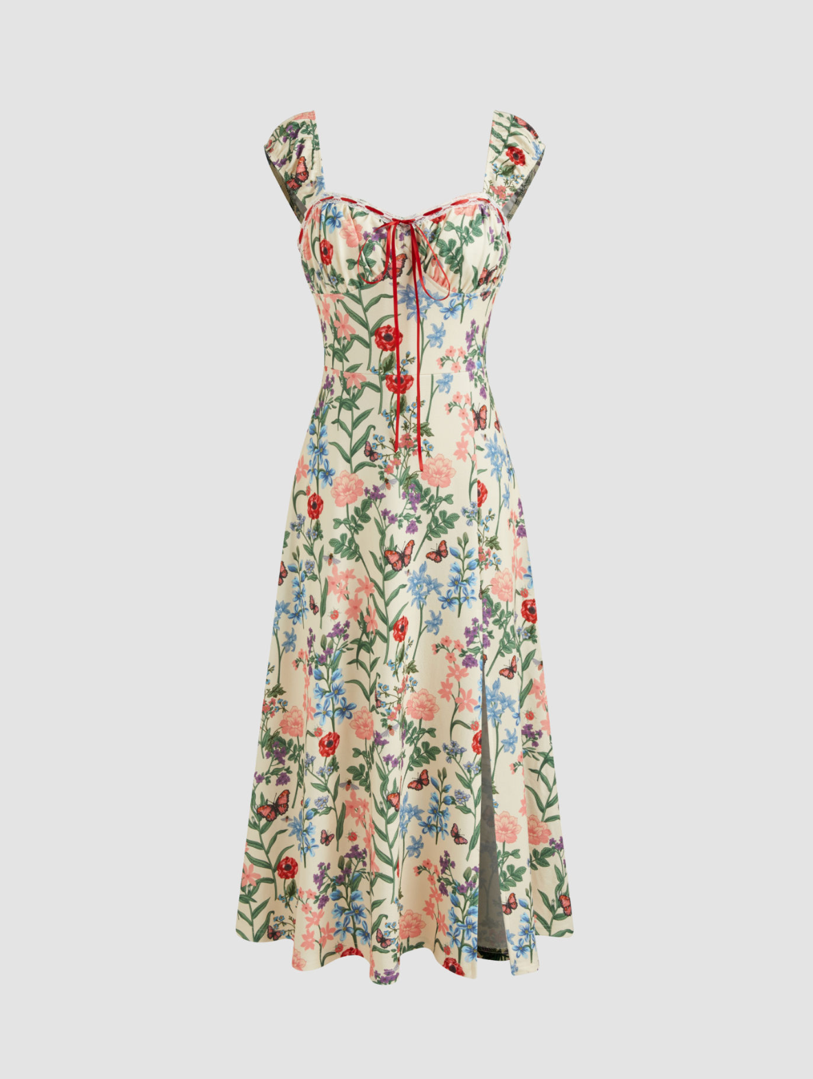 Cider + Sweetheart Neckline Butterfly & Floral Knotted Split Midi Dress