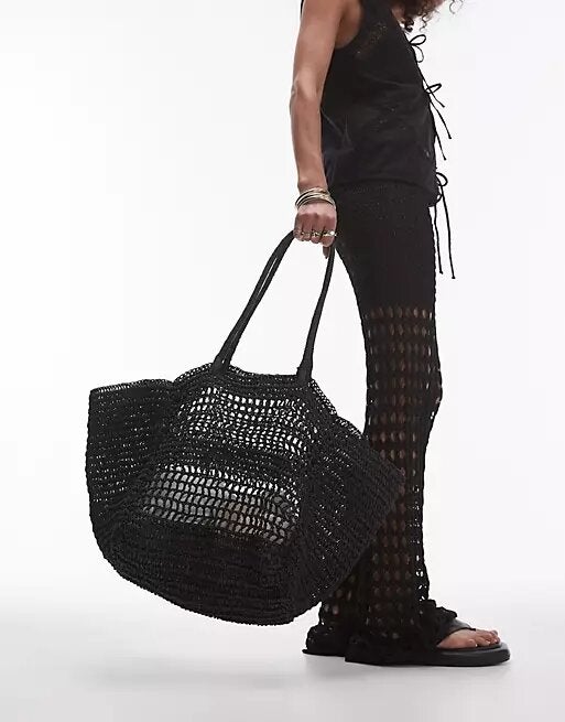 Topshop Timi Woven Straw Tote Bag in Black