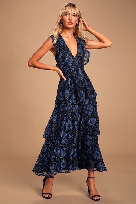 Lulus + Molinetto Navy Blue Lace Ruffled Tiered Sleeveless Maxi Dress