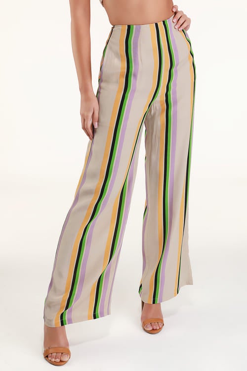 ASTR The Label + Burke Taupe Multi Striped Wide-Leg Pants