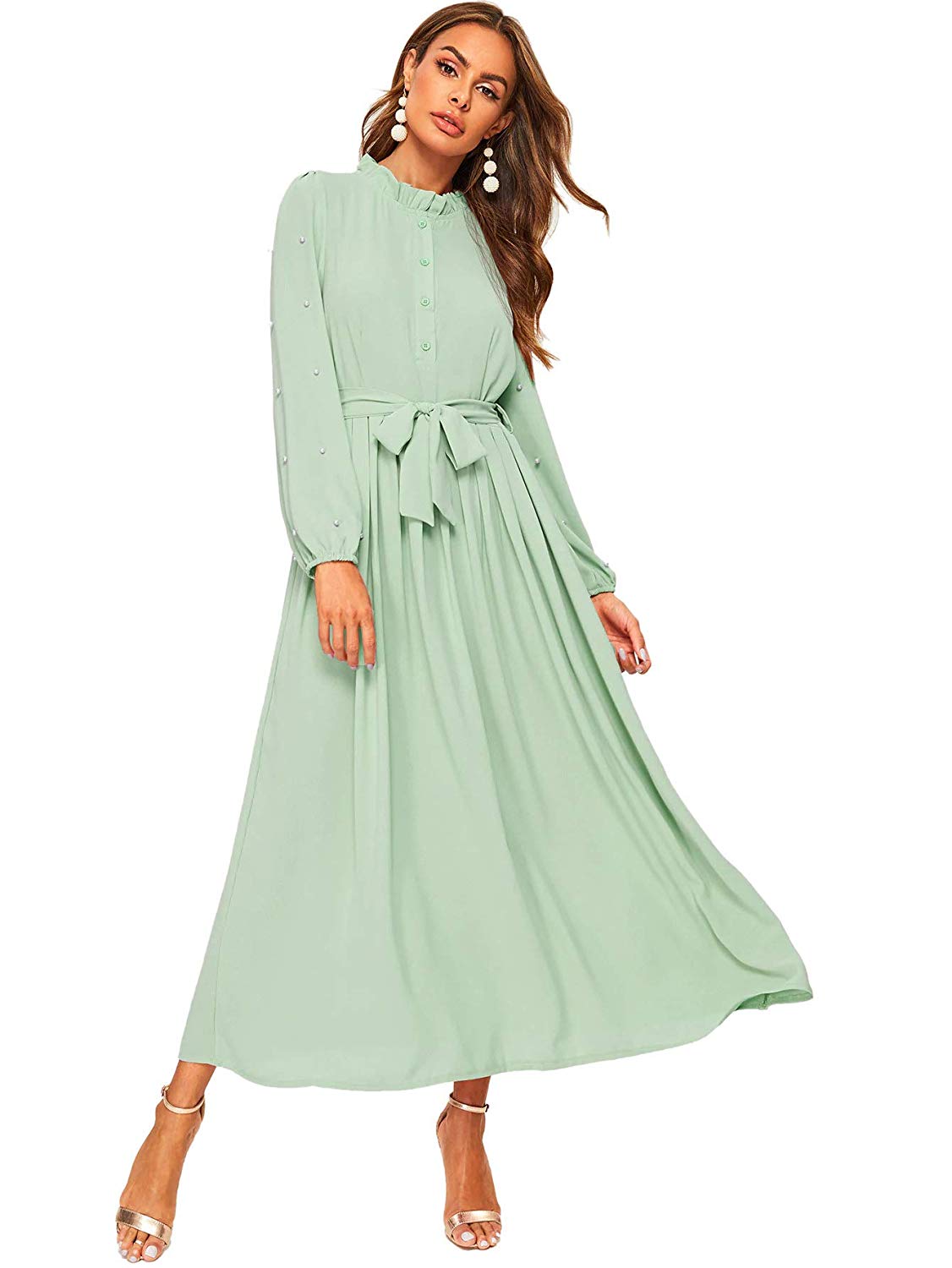 Verdusa + Belted Lantern-Sleeve Maxi With Pearl Accents