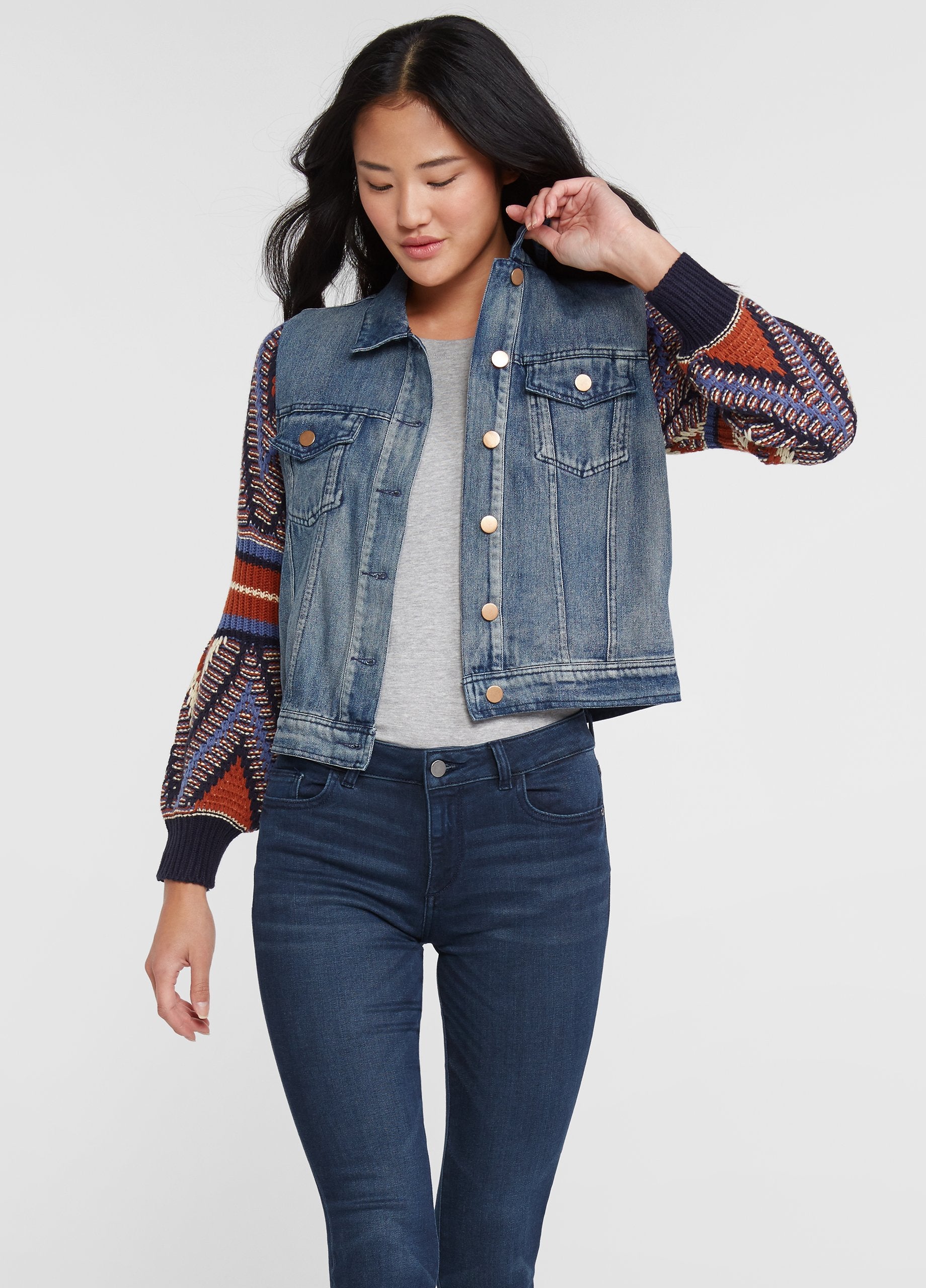 Knit sleeve deals denim jacket