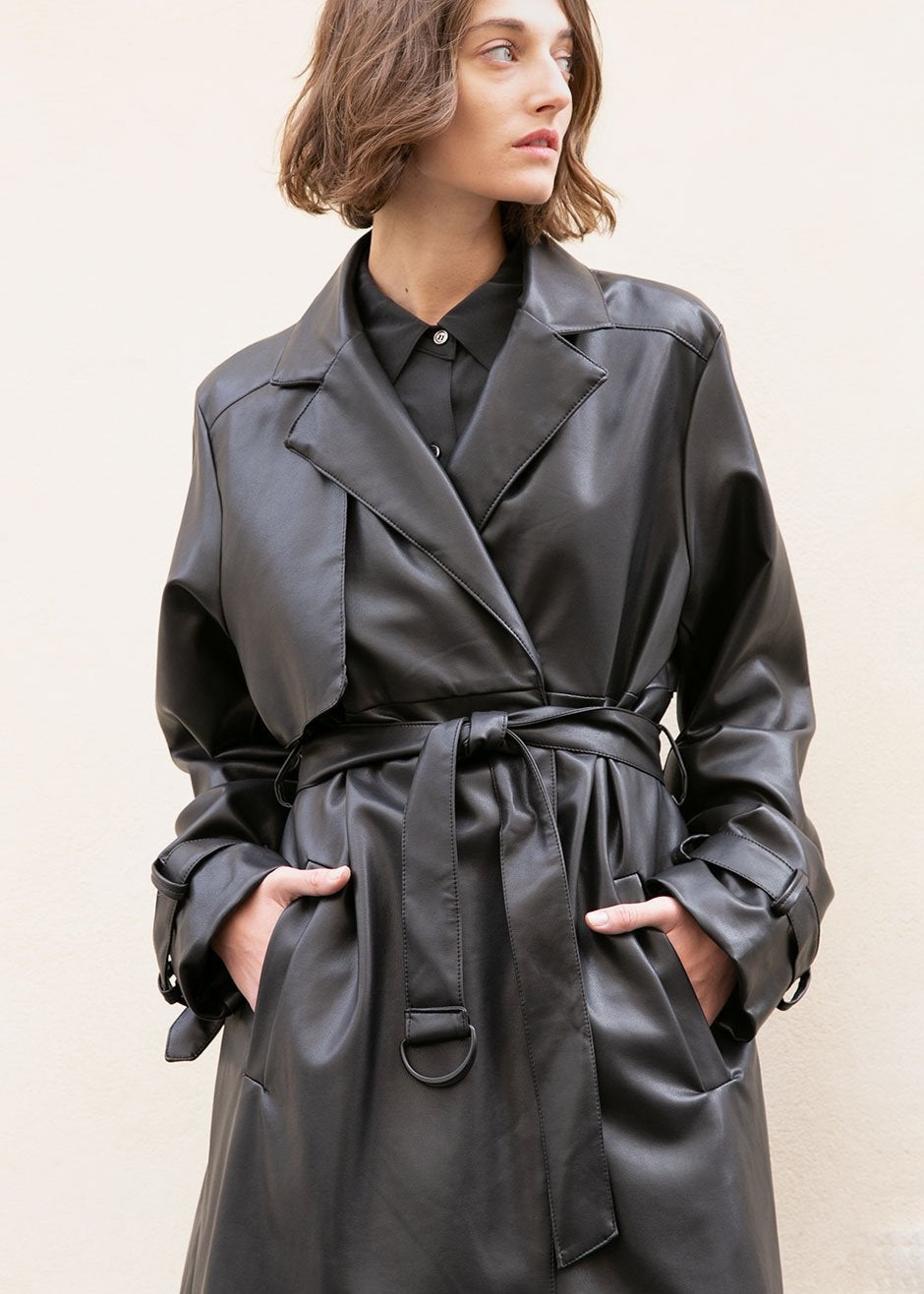 black faux leather belted trench coat