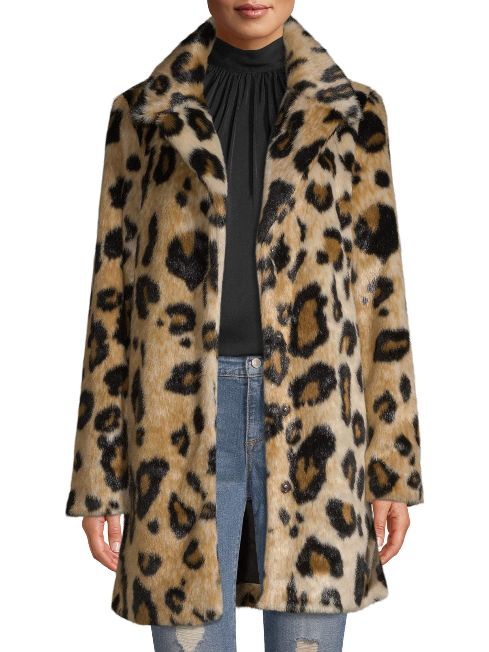 Scoop + Vegan Fur Leopard Printed Coat