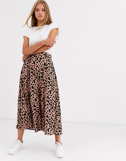 ASOS DESIGN + floaty midi skirt with button waist detail in leopard