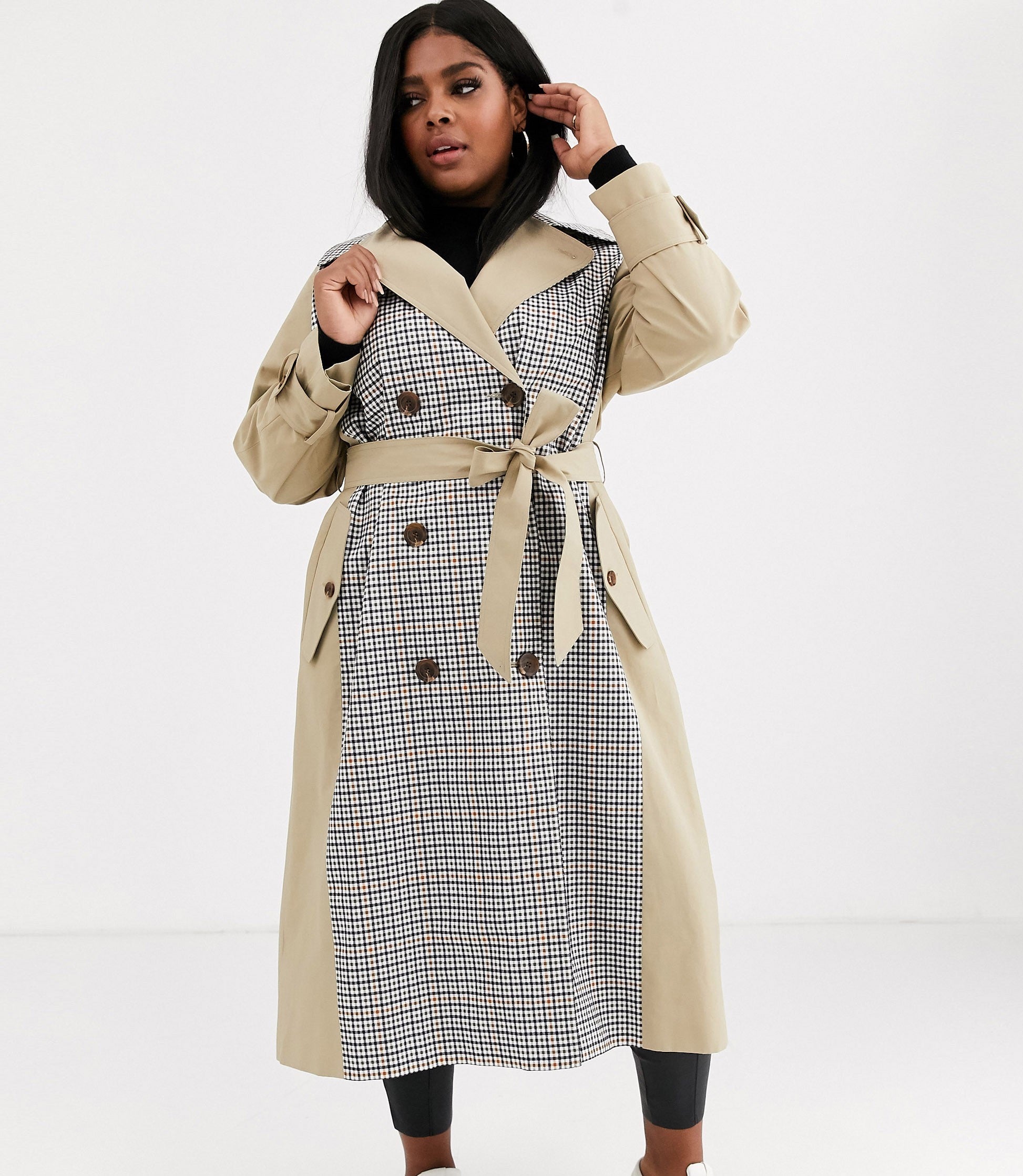 ASOS CURVE + Curve Trench Coat With Check Splicing