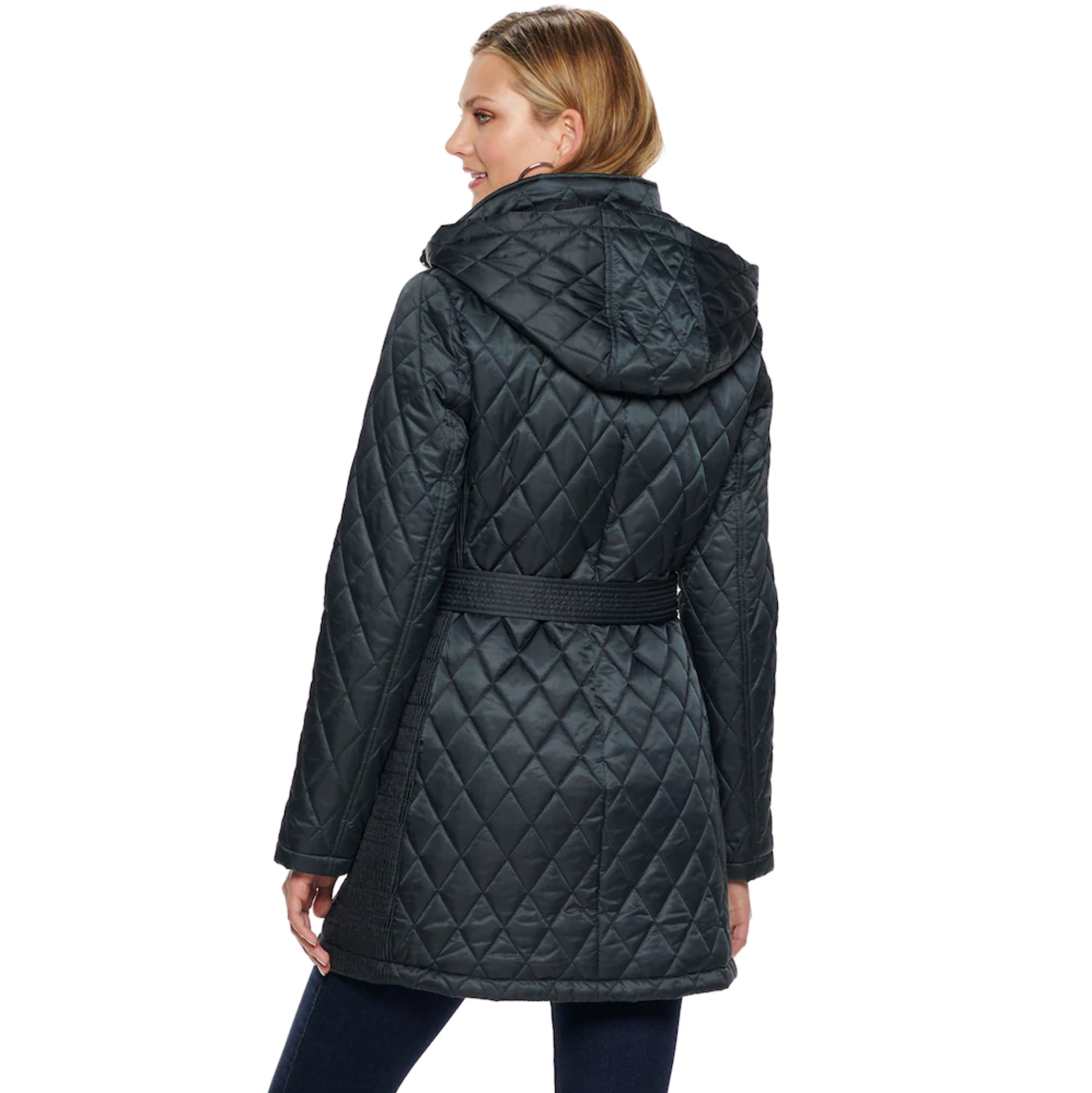 Nine West + Hooded Diamond-Quilted Belted Jacket