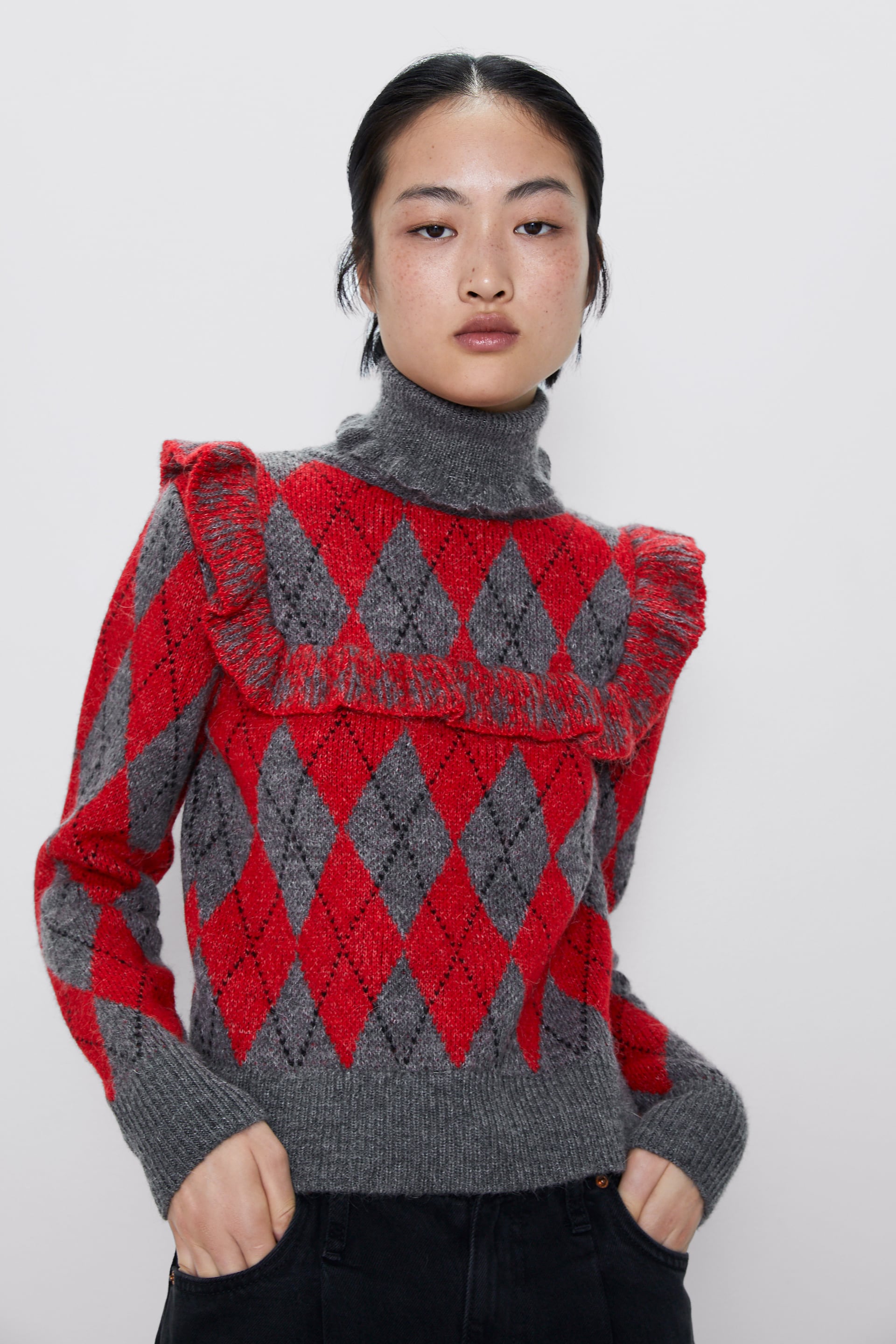 Zara + Ruffled Argyle Sweater