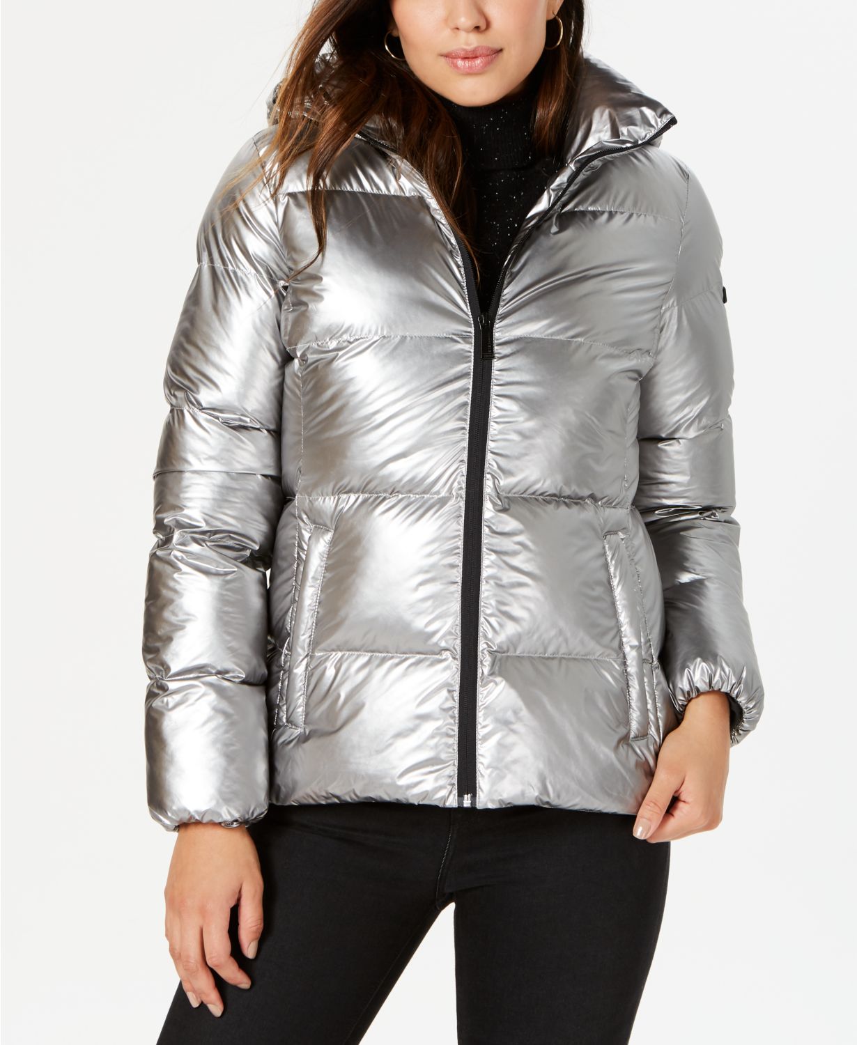 BCBGeneration + Hooded Metallic Puffer Coat