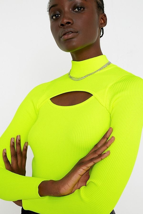 Urban Outfitters + UO Lime Cut-Out Rib-Knit Funnel Neck Top