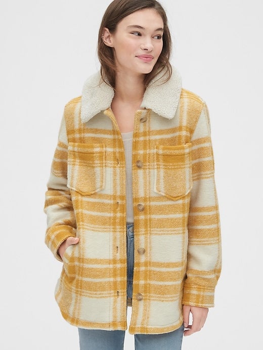 Gap + Plaid Wool-Blend Shirt Jacket with Detachable Sherpa Collar