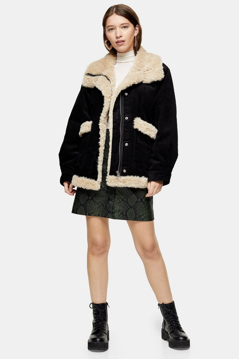 Topshop oversized coat with borg trim store in black