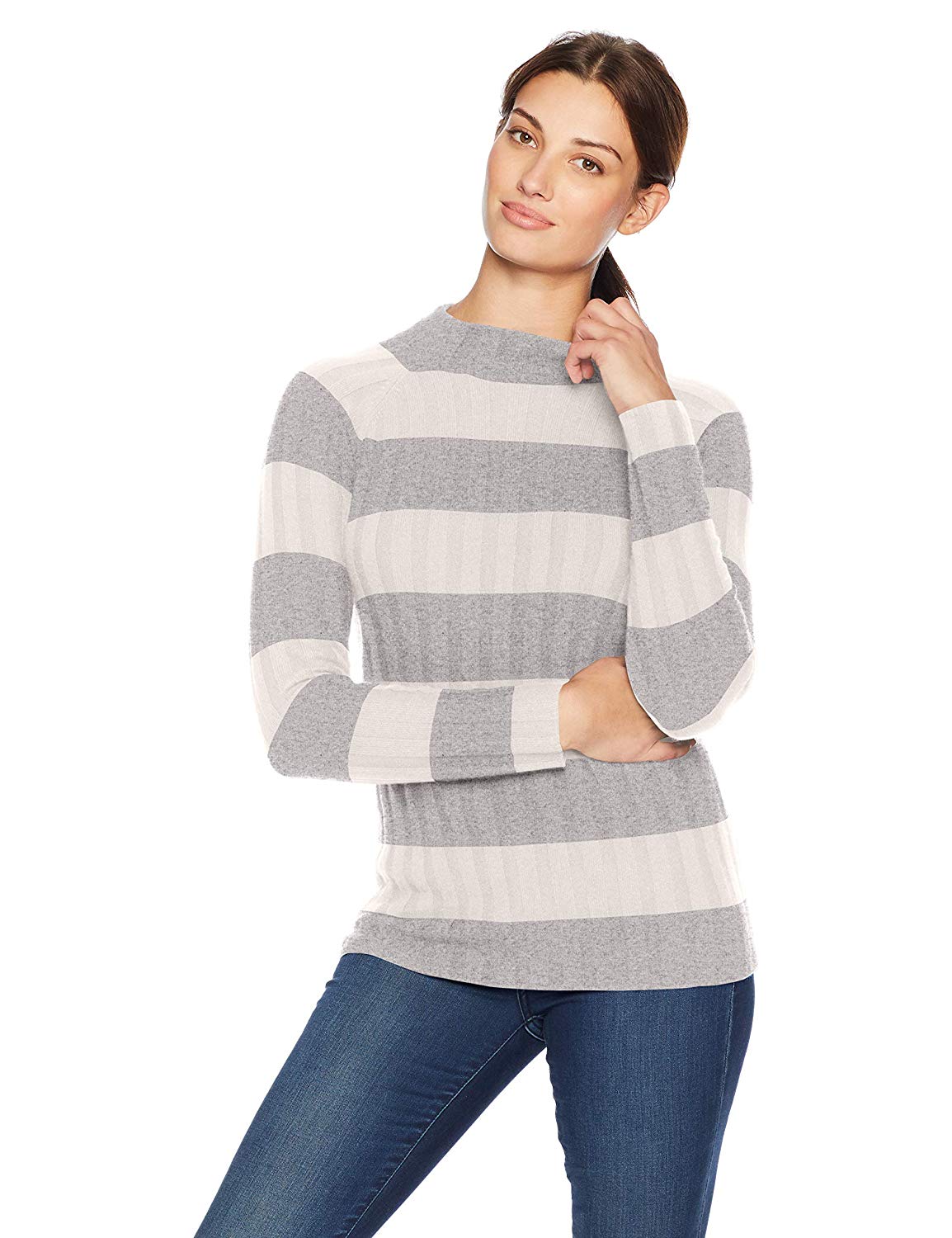 Lark & Ro + Mock Neck Striped Cashmere Sweater