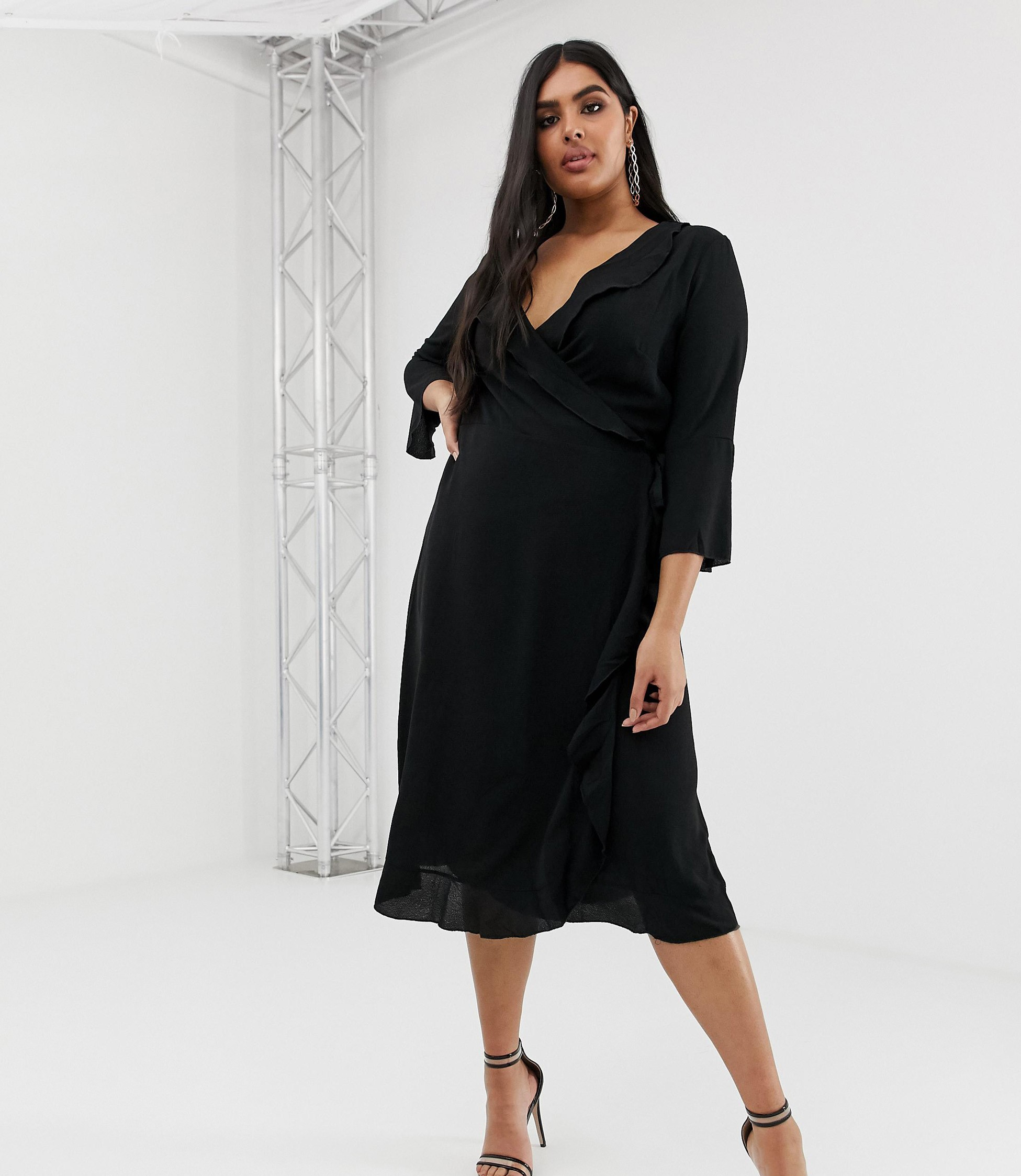 outrageous fortune ruffle wrap dress with fluted sleeve in black