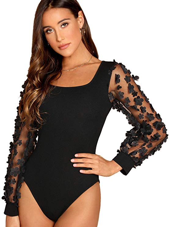 Romwe + Floral Applique Mesh Bodysuit