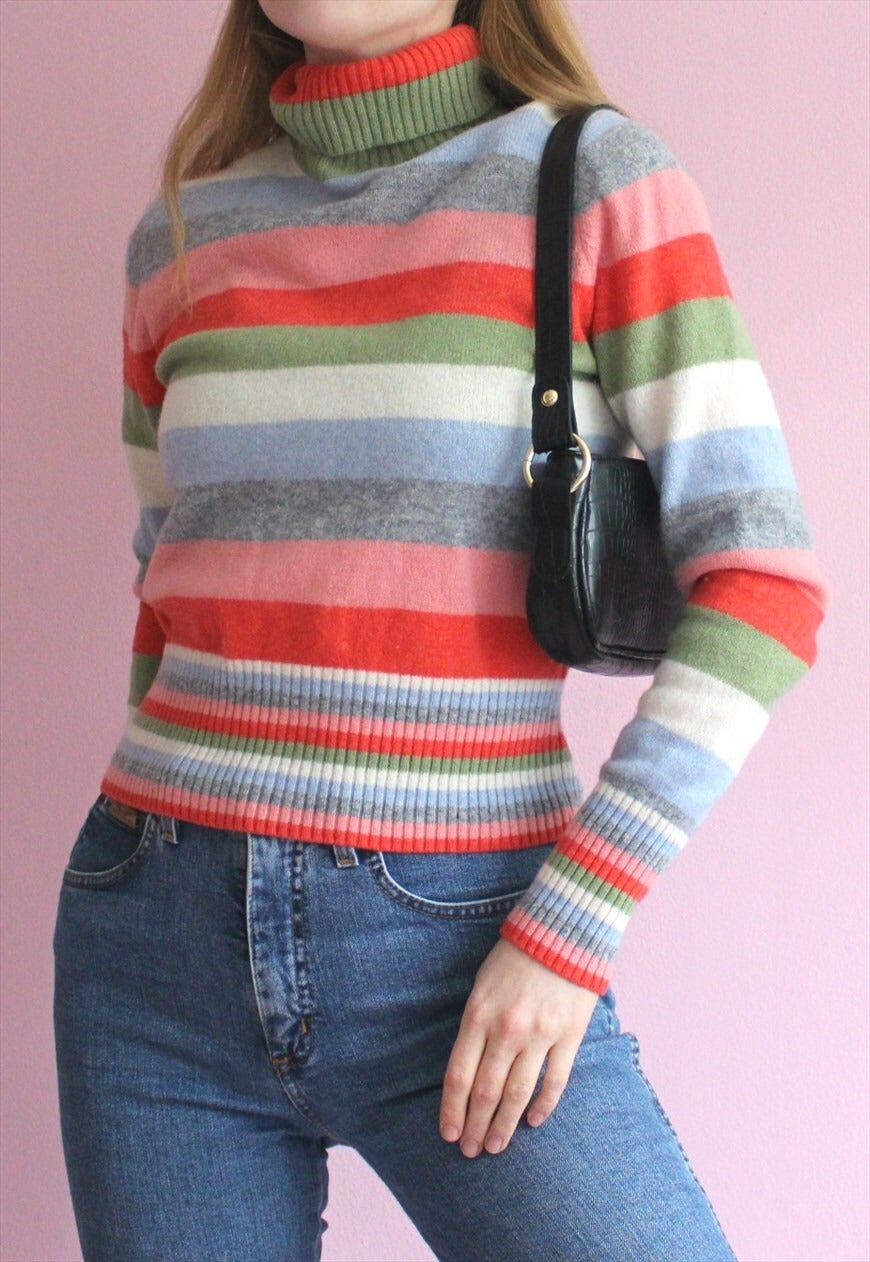 Eves Vintage + Vintage Pastel Rainbow Striped High Neck Jumper