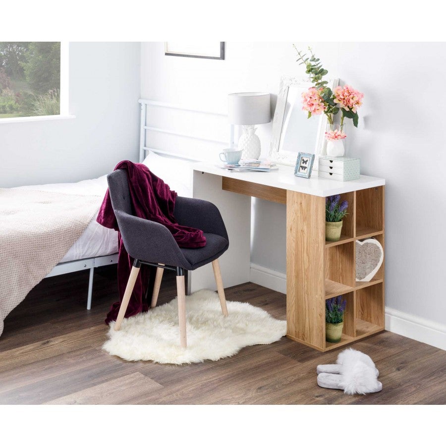 white desk with storage cubes