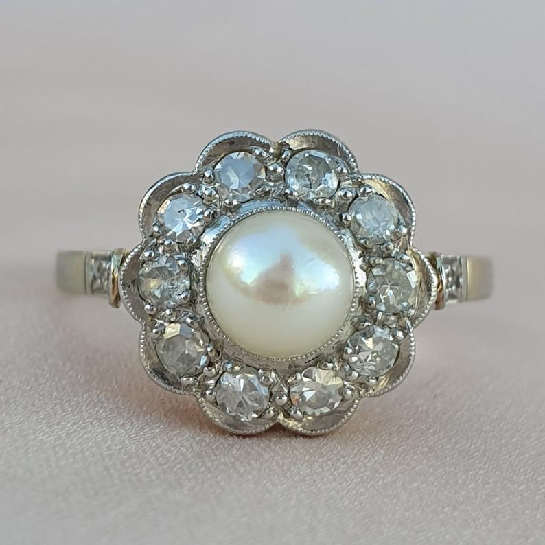 OldCutJewellery + Art Deco 14k White Gold Pearl & Diamond Ring