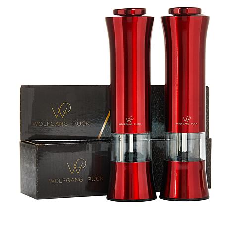 Wolfgang Puck Red Steel Salt and Peppermill Set in the Kitchen