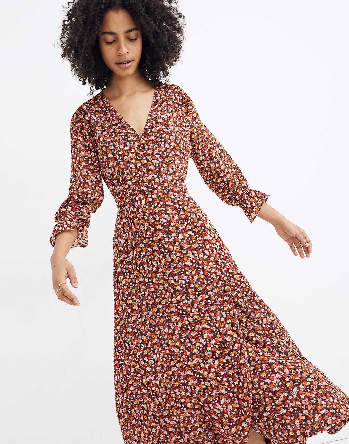 Madewell + Long-Sleeve Crossover Midi Dress in Clipdot Spring Prairie