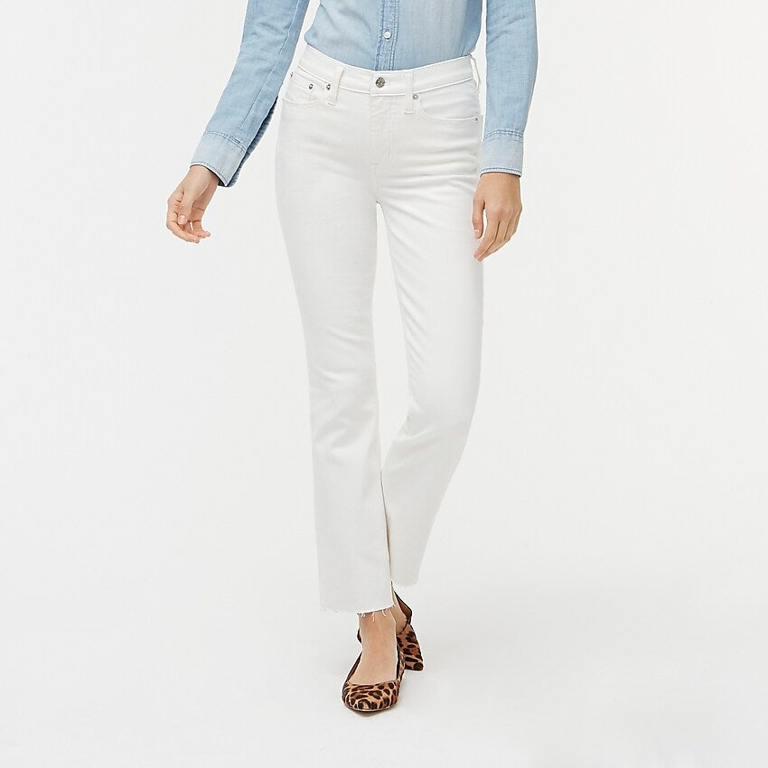 J.Crew Factory + 9″ high-rise flare crop jean in white denim