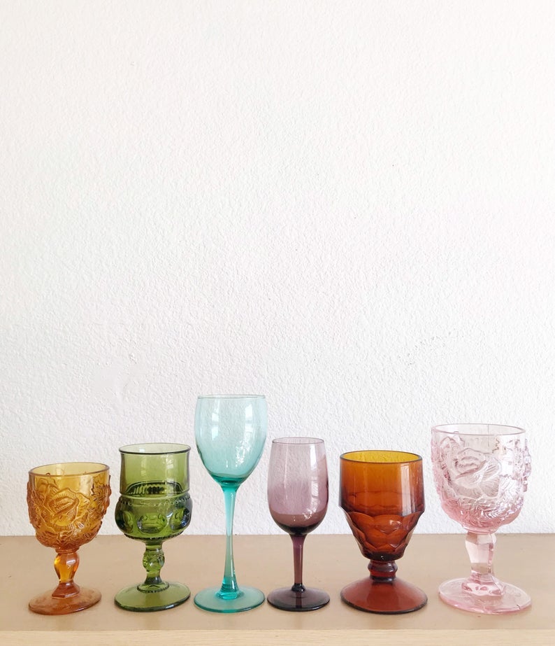 Mismatched Set of 8 Vintage Drinking Glasses in Orange and Brown 