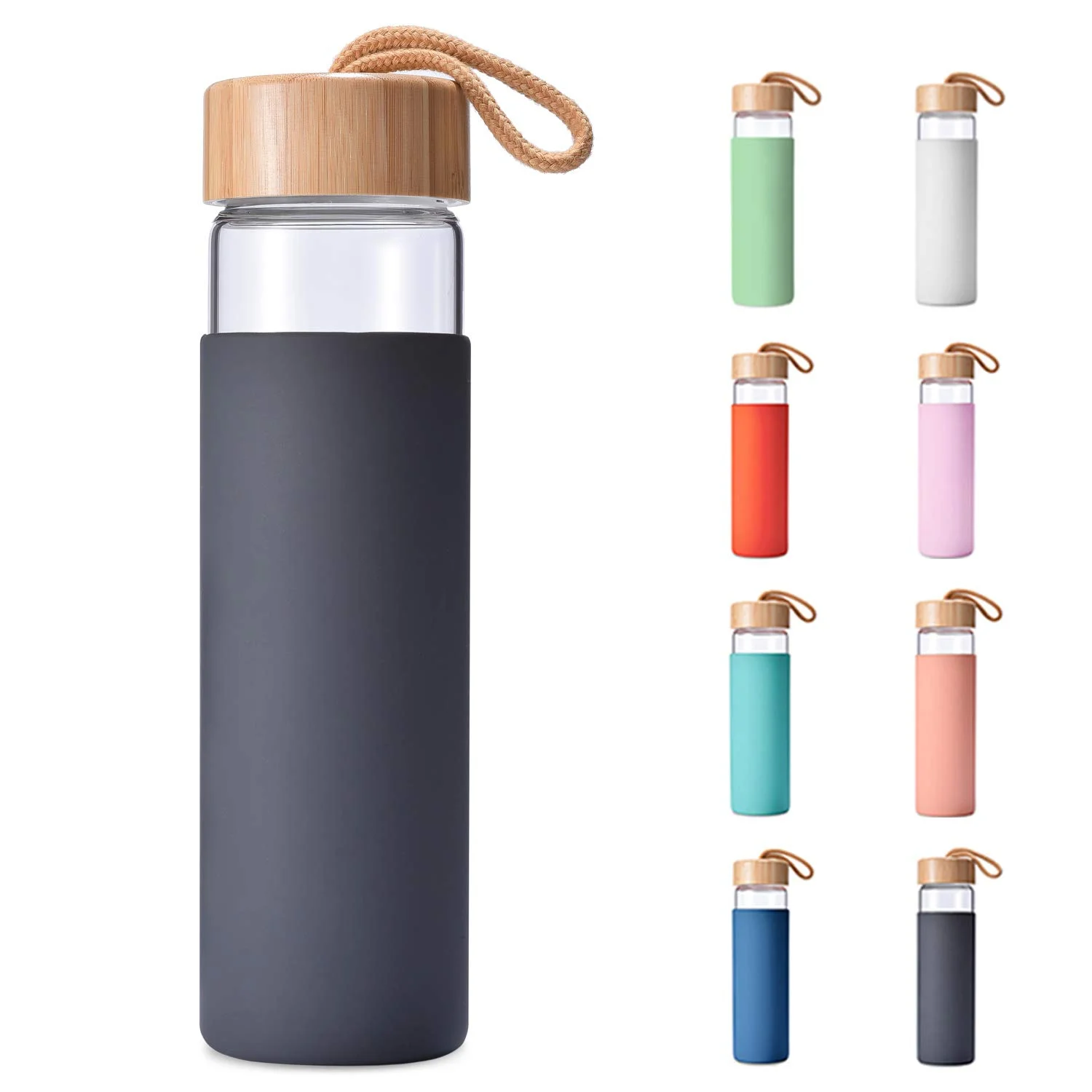 Neon Kactus - Hand Blown Borosilicate Glass Water Bottle with Bamboo Carry Handle Lid, Glass Bottles with Food-grade Silicone Sleeve, Plastic-Free