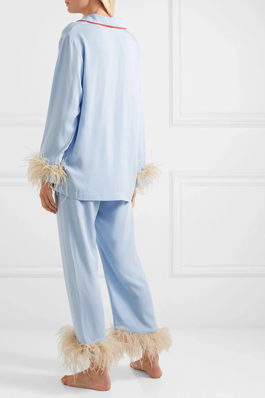 SLEEPER + NET SUSTAIN feather-trimmed crepe de chine pajama set
