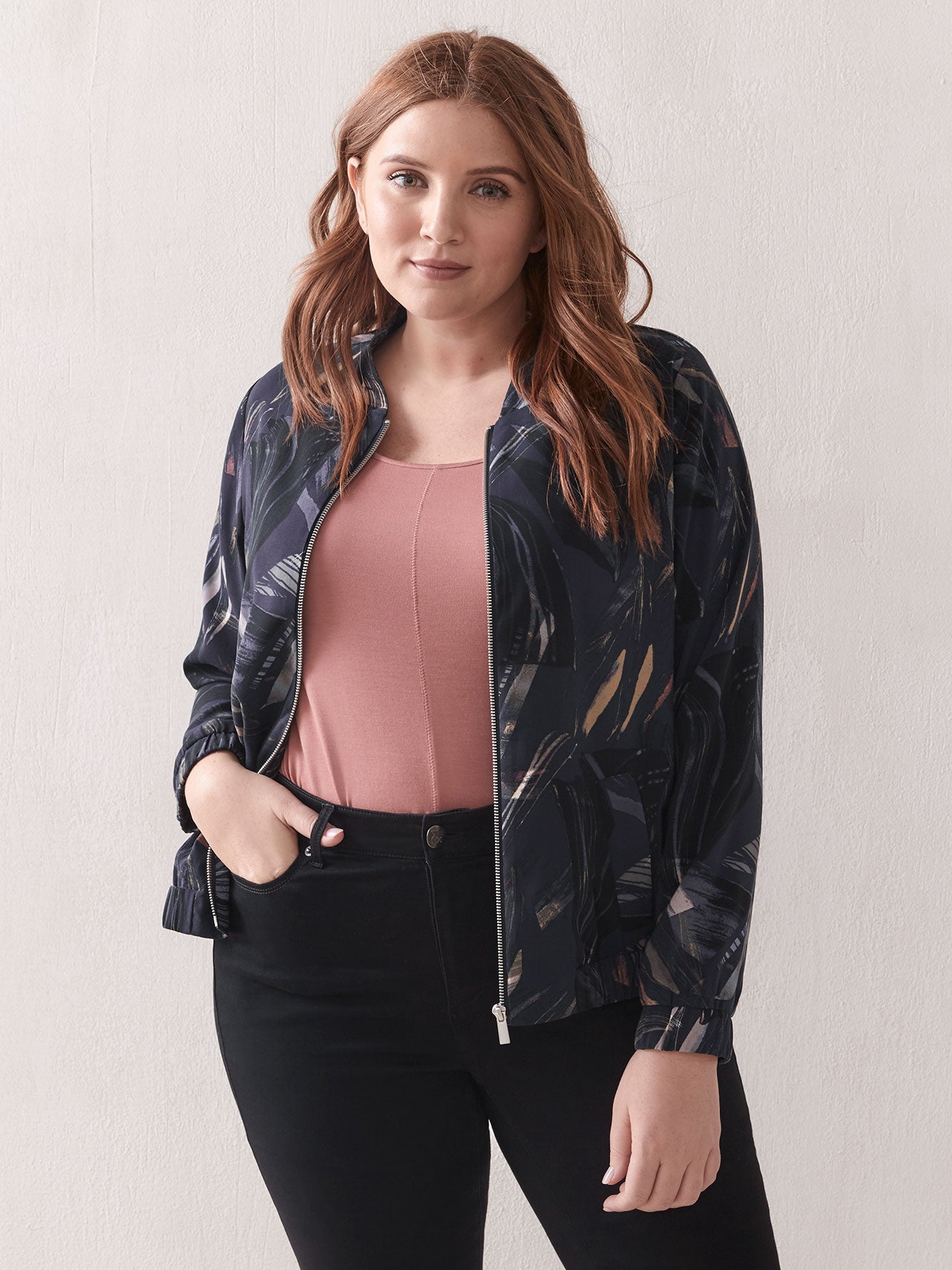 Addition Elle + Printed Crepe Bomber Jacket