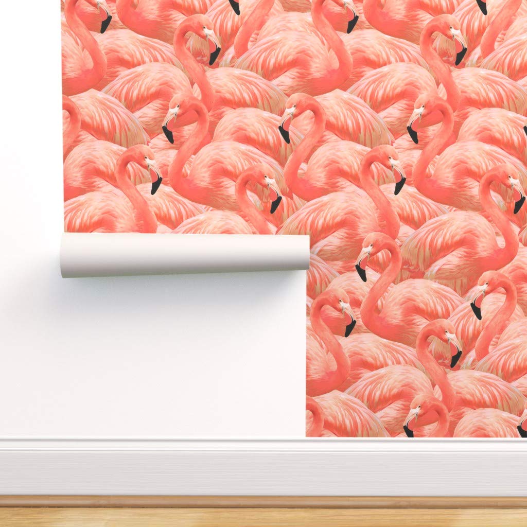 Spoonflower + Peel & Stick Removable Wallpaper, Coral Pink Flamingo