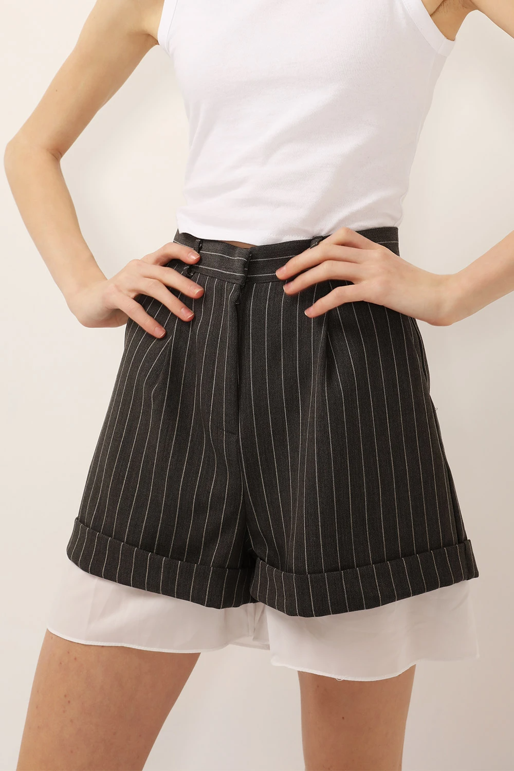 Storets + Jessica Chiffon Layered Pinstripe Shorts