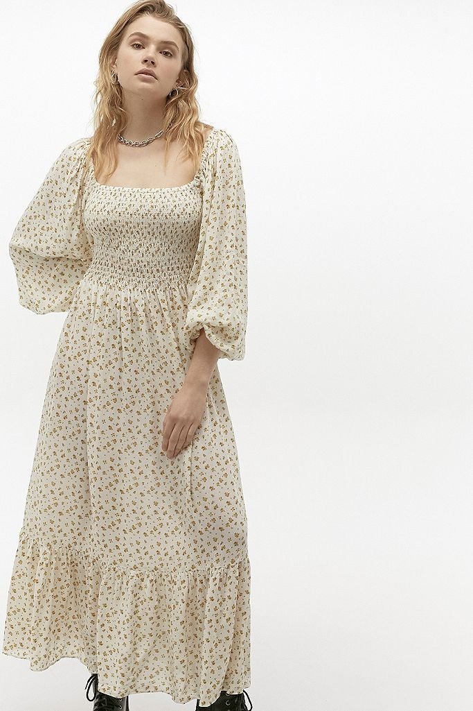 smocked midi dress long sleeve