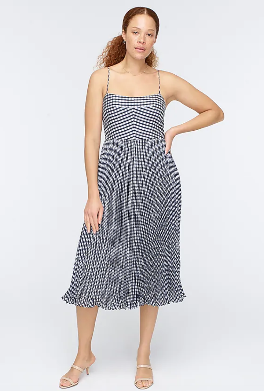 J. Crew + Pleated Midi Dress in Crinkle Gingham