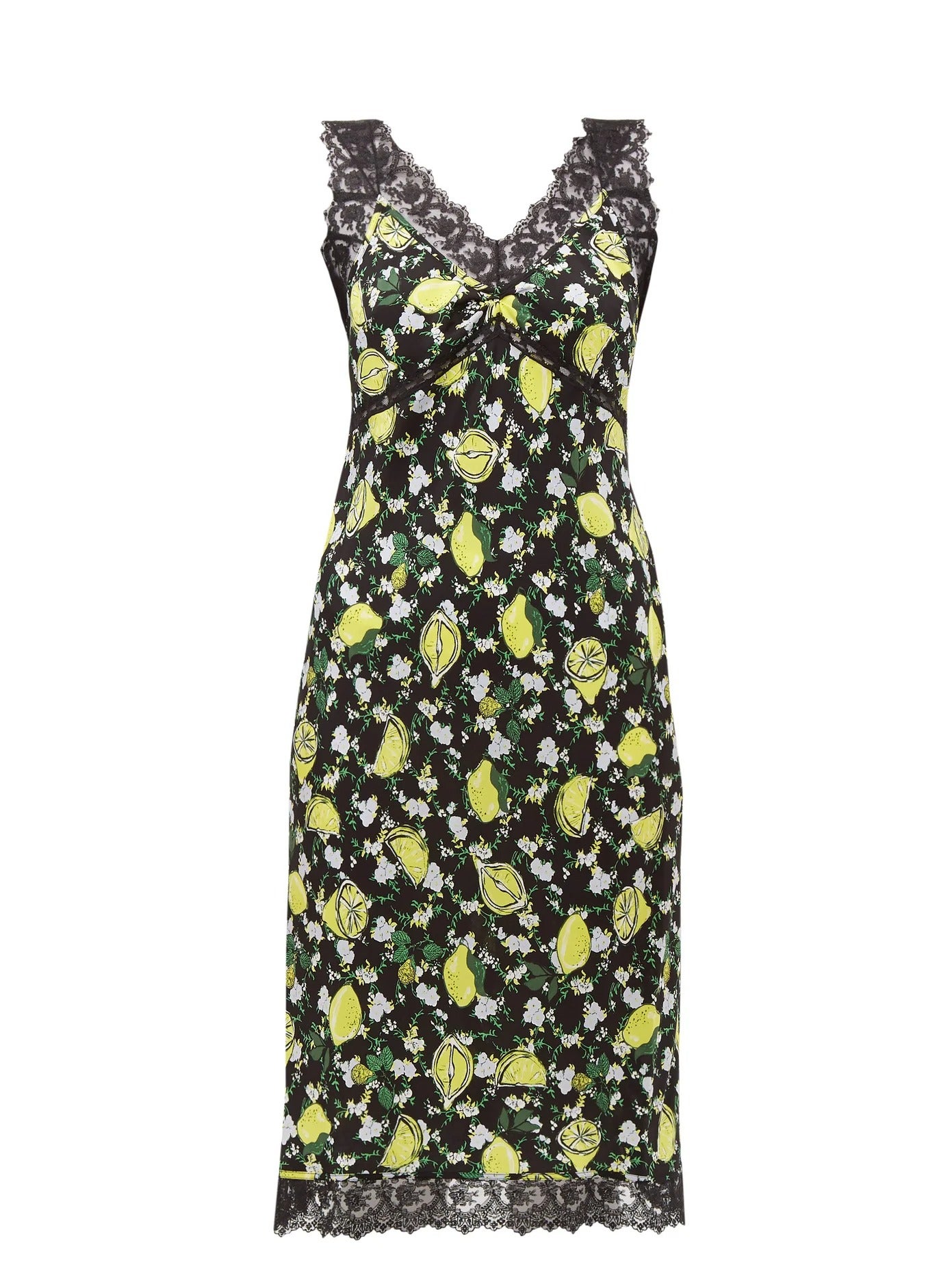 Diane von Furstenberg + Issey Lemon-Print Lace-Trim Silk Dress