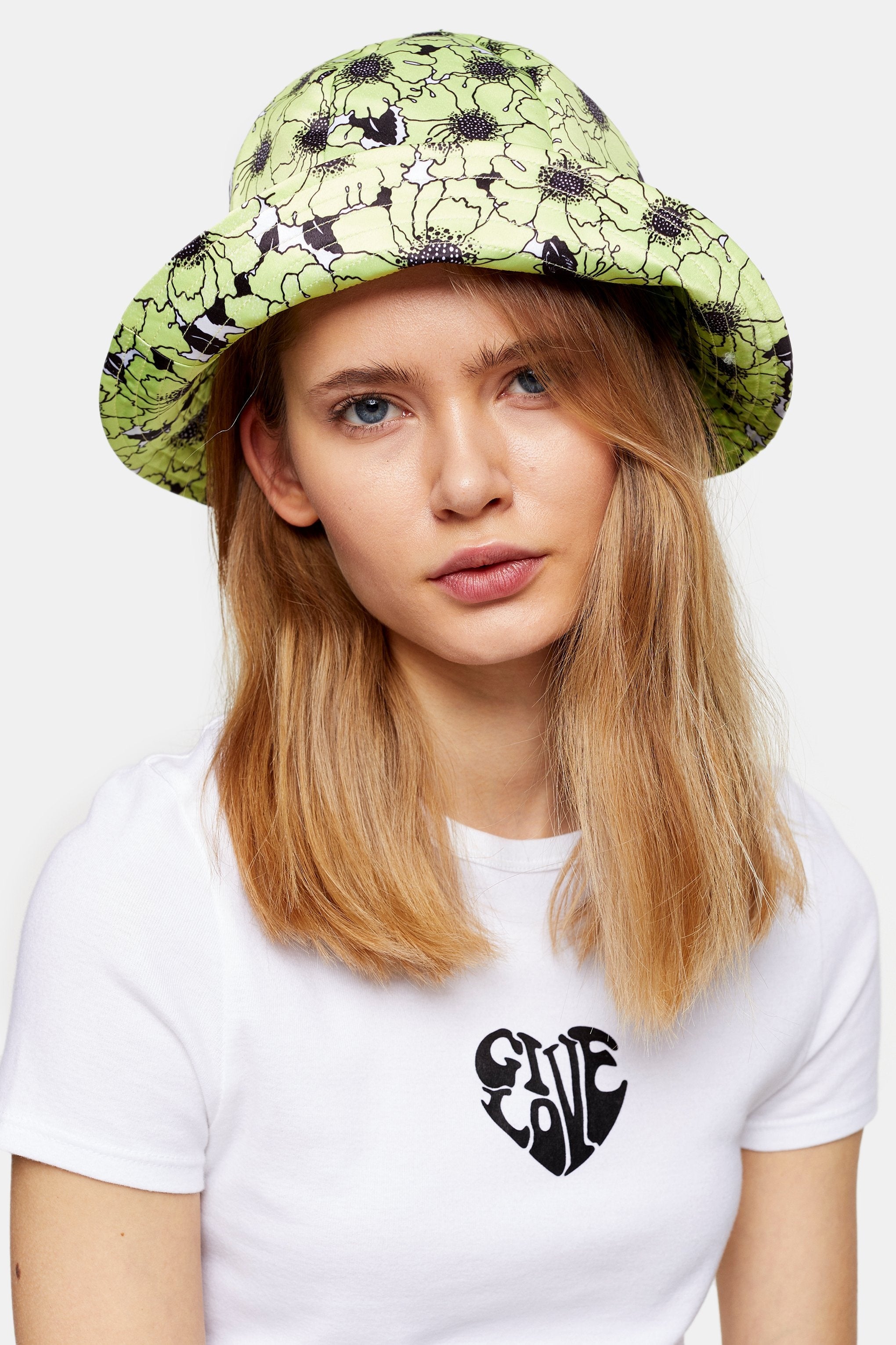 Topshop + Lime Green Hibiscus Floral Bucket Hat