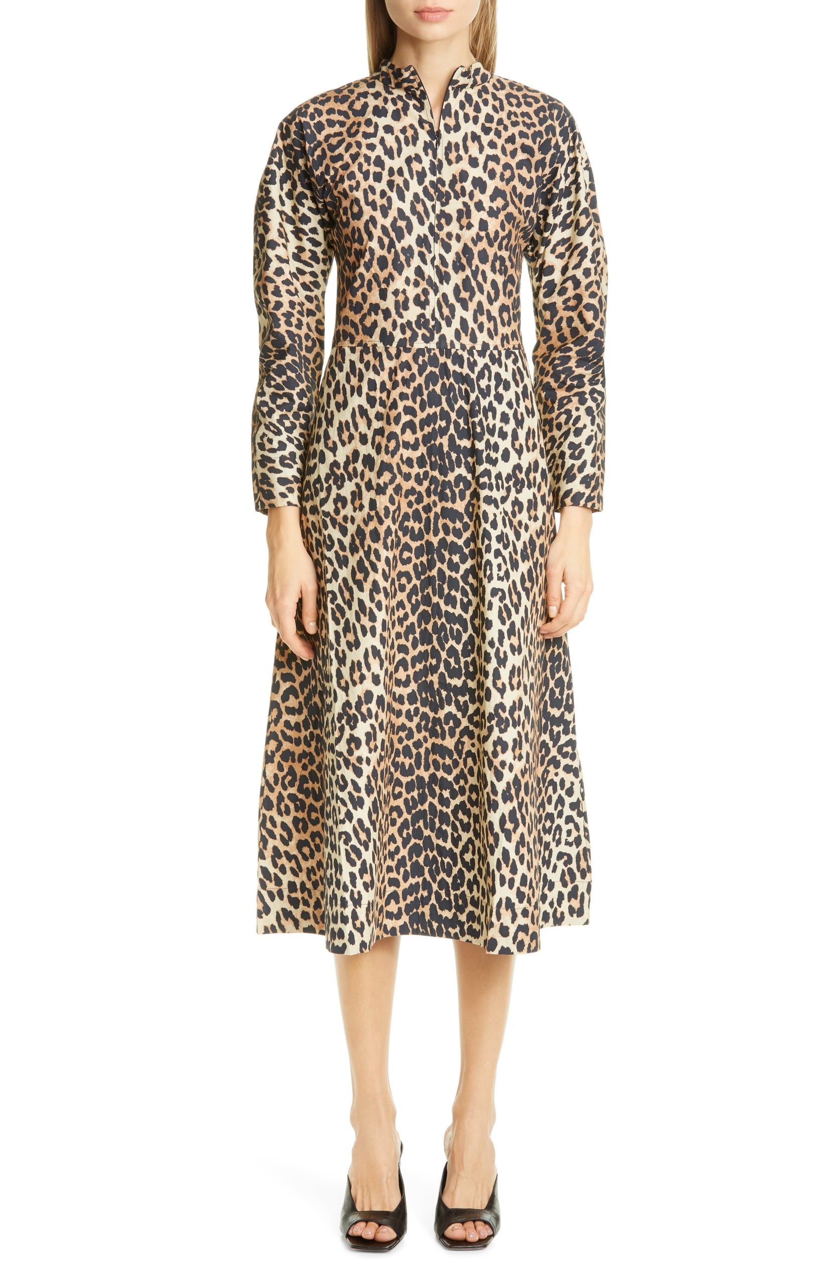 Ganni + Leopard Print Poplin Midi Dress