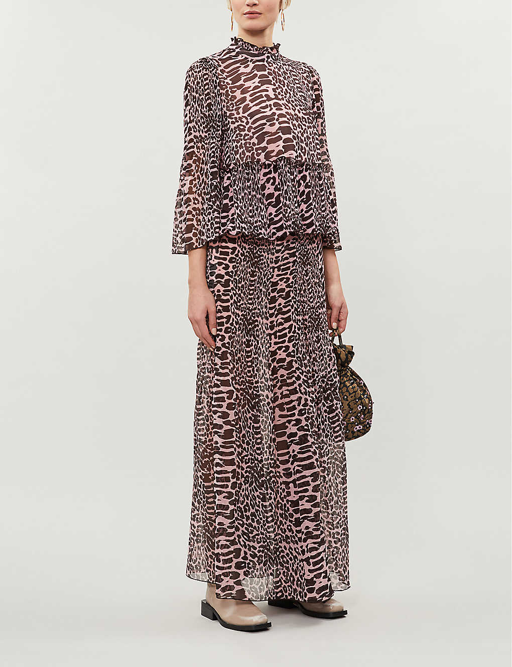 Ganni + Leopard-print high-waist pleated crepe maxi skirt