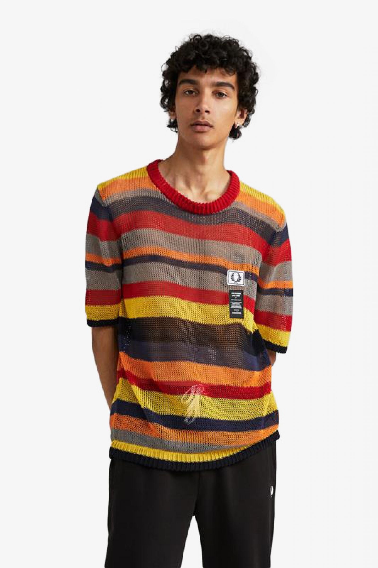 Fred Perry + Striped Open Knit Crew Neck