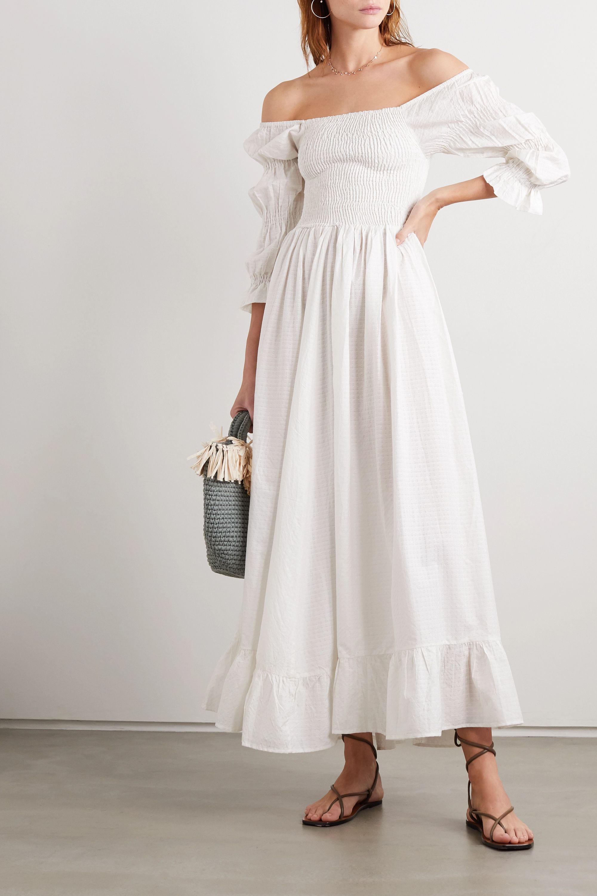 Evarae + Lora off-the-shoulder fil coupé cotton and silk-blend maxi dress
